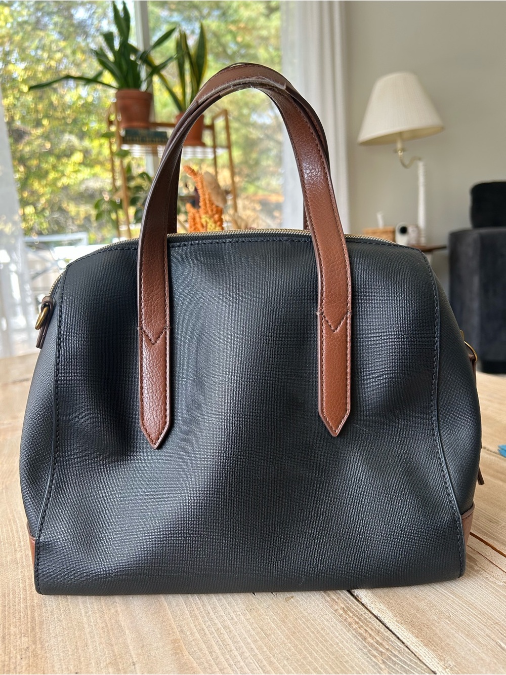 FOSSIL Classic Black and Brown Two-Tone Satchel Bag - Picture 2 of 13